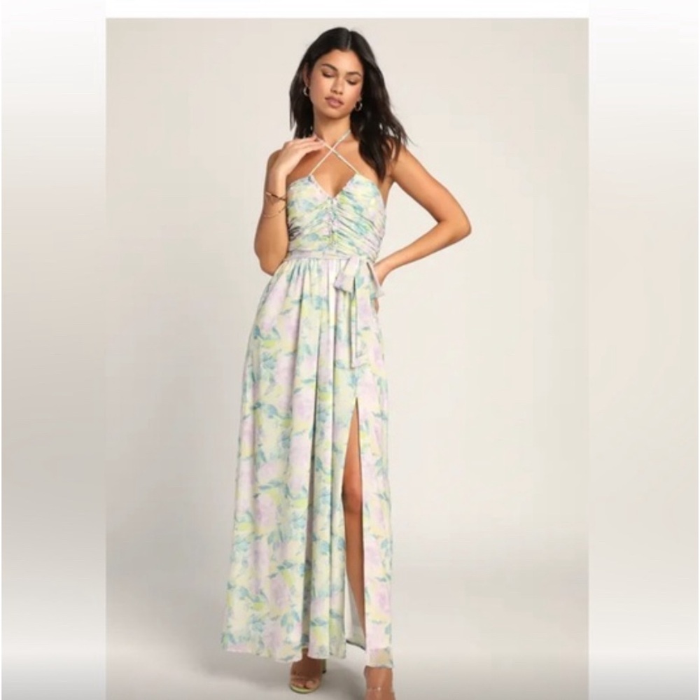 Effortlessly Abloom Green Multi Floral Ruched Halter Maxi Dress